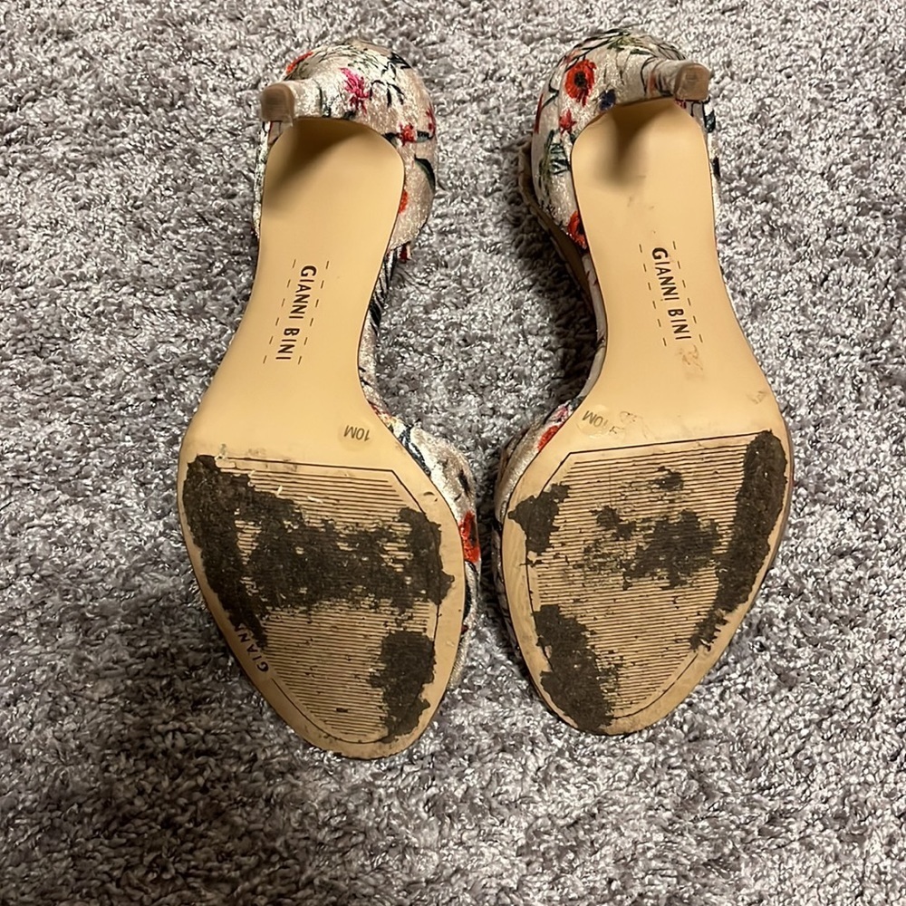 Gianni Bini Floral Print Heeled Sandals with Gold Tassels - Picture 9 of 12